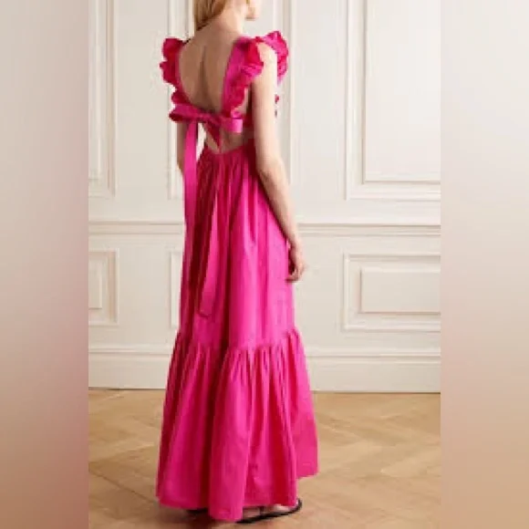 Self Portrait Ruffle Cotton Poplin Fuchsia Maxi Dress - Picture 5 of 8